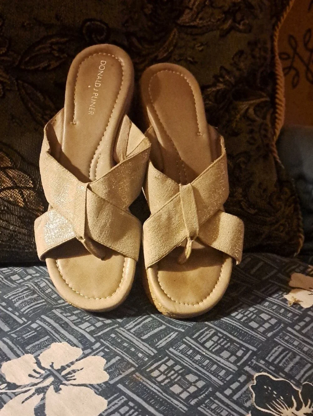 Glittered Beige Cork Wedge Sandals with Cross Straps